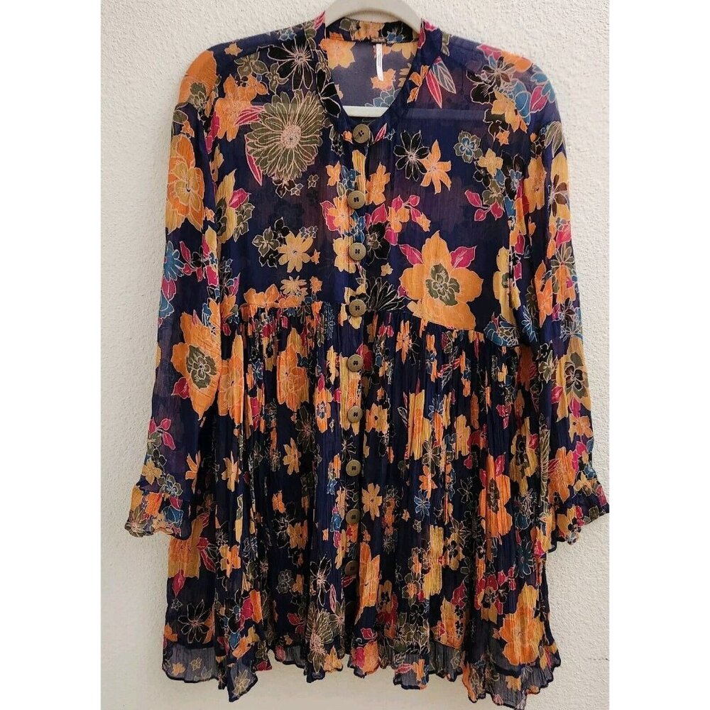 Free People Purple Floral Pleated Sheer Button Up Blouse Tunic Top Dress sz XS